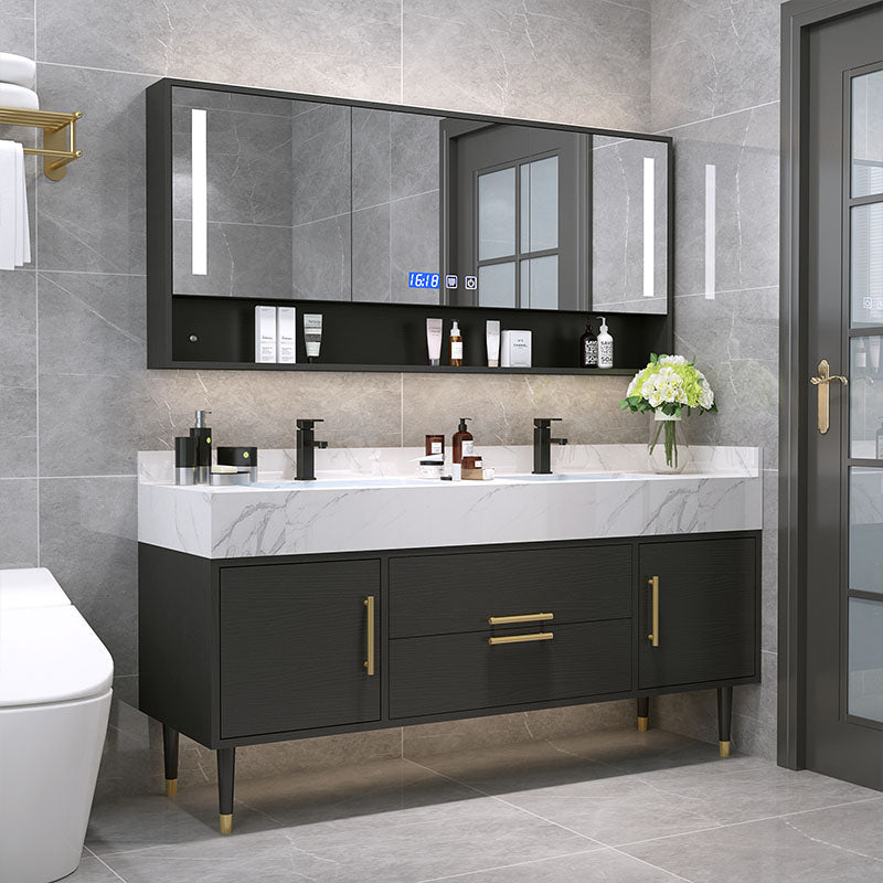 Double Sink Vanity Set 2 Doors Rectangle Freestanding Metal Frame Vanity with Mirror Clearhalo 'Bathroom Remodel & Bathroom Fixtures' 'Bathroom Vanities' 'bathroom_vanities' 'Home Improvement' 'home_improvement' 'home_improvement_bathroom_vanities' 6787108