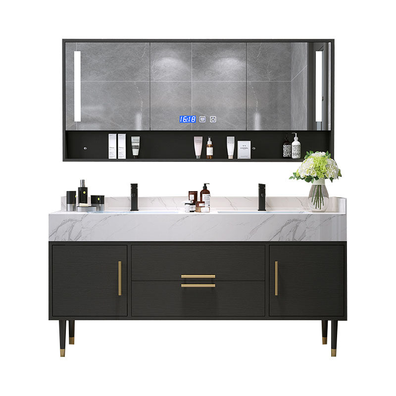 Double Sink Vanity Set 2 Doors Rectangle Freestanding Metal Frame Vanity with Mirror Clearhalo 'Bathroom Remodel & Bathroom Fixtures' 'Bathroom Vanities' 'bathroom_vanities' 'Home Improvement' 'home_improvement' 'home_improvement_bathroom_vanities' 6787111