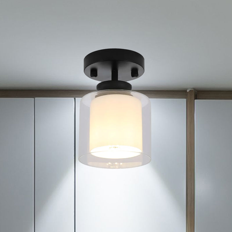 Black/Silver/Gold Finish Cylinder Semi Flush Ceiling Light with Glass Shade Contemporary 1 Bulb Semi Flush Light Fixture Clearhalo 'Ceiling Lights' 'Close To Ceiling Lights' 'Close to ceiling' 'Glass shade' 'Glass' Lighting' 678714