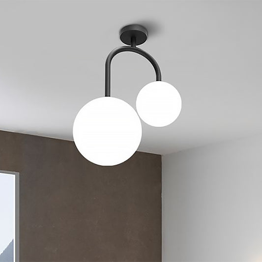 2 Lights White Semi-Flush Ceiling Light with Global Glass Lampshade Modernist Semi Mount Lighting for Bedroom Clearhalo 'Ceiling Lights' 'Close To Ceiling Lights' 'Close to ceiling' 'Glass shade' 'Glass' 'Semi-flushmount' Lighting' 678717