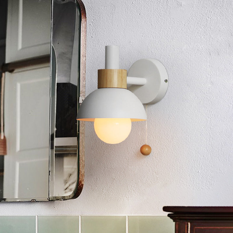 Macaron Domed Sconce Light Fixture 1 Bulb Wall Light Fixture with Metal Shade and Pull Chain in White/Pink/Green Clearhalo 'Cast Iron' 'Glass' 'Industrial' 'Modern wall lights' 'Modern' 'Tiffany' 'Traditional wall lights' 'Wall Lamps & Sconces' 'Wall Lights' Lighting' 678720