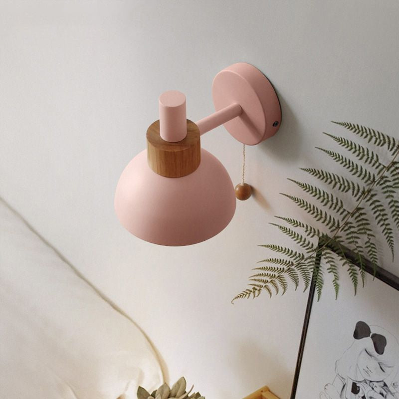 Macaron Domed Sconce Light Fixture 1 Bulb Wall Light Fixture with Metal Shade and Pull Chain in White/Pink/Green Clearhalo 'Cast Iron' 'Glass' 'Industrial' 'Modern wall lights' 'Modern' 'Tiffany' 'Traditional wall lights' 'Wall Lamps & Sconces' 'Wall Lights' Lighting' 678721