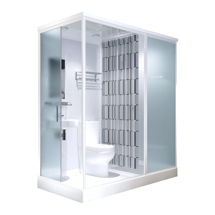 Modern Shower Stall Tempered Glass with Towel Bar Single Sliding Shower Enclosure 55"L x 43"W x 85"H Side Door Opening White Clearhalo 'Bathroom Remodel & Bathroom Fixtures' 'Home Improvement' 'home_improvement' 'home_improvement_shower_stalls_enclosures' 'Shower Stalls & Enclosures' 'shower_stalls_enclosures' 'Showers & Bathtubs' 6787223
