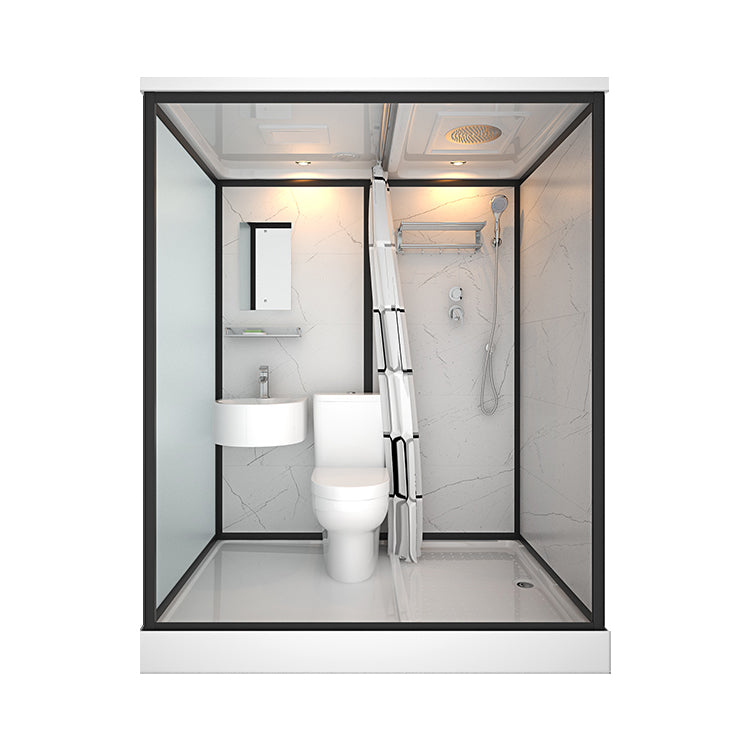 Modern Shower Stall Tempered Glass with Towel Bar Single Sliding Shower Enclosure 67"L x 47"W x 85"H Front Door Opening Black Clearhalo 'Bathroom Remodel & Bathroom Fixtures' 'Home Improvement' 'home_improvement' 'home_improvement_shower_stalls_enclosures' 'Shower Stalls & Enclosures' 'shower_stalls_enclosures' 'Showers & Bathtubs' 6787227