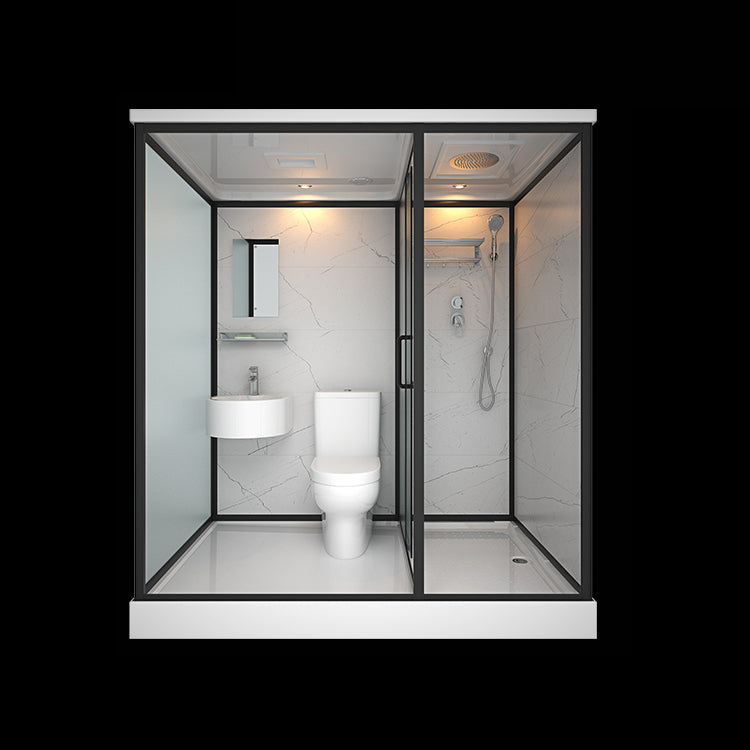 Modern Shower Stall Tempered Glass with Towel Bar Single Sliding Shower Enclosure 75"L x 47"W x 85"H Front Door Opening Black Clearhalo 'Bathroom Remodel & Bathroom Fixtures' 'Home Improvement' 'home_improvement' 'home_improvement_shower_stalls_enclosures' 'Shower Stalls & Enclosures' 'shower_stalls_enclosures' 'Showers & Bathtubs' 6787230