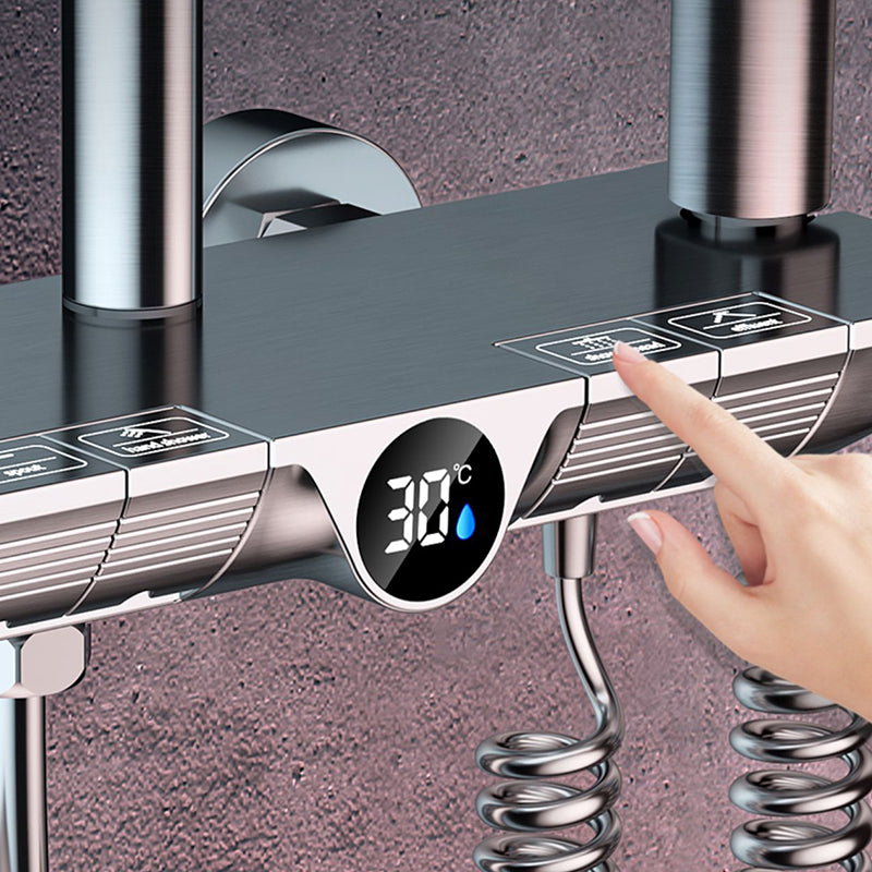Grey Shower Set Thermostatic Button Intelligent Digital Display Bathroom Rain Shower Head Clearhalo 'Bathroom Remodel & Bathroom Fixtures' 'Home Improvement' 'home_improvement' 'home_improvement_shower_faucets' 'Shower Faucets & Systems' 'shower_faucets' 'Showers & Bathtubs Plumbing' 'Showers & Bathtubs' 6787425