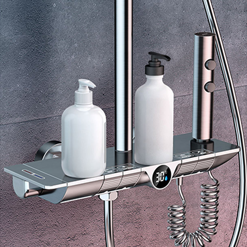 Grey Shower Set Thermostatic Button Intelligent Digital Display Bathroom Rain Shower Head Clearhalo 'Bathroom Remodel & Bathroom Fixtures' 'Home Improvement' 'home_improvement' 'home_improvement_shower_faucets' 'Shower Faucets & Systems' 'shower_faucets' 'Showers & Bathtubs Plumbing' 'Showers & Bathtubs' 6787432