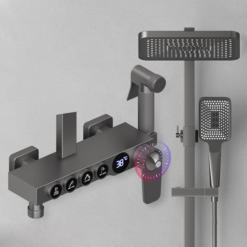 Contemporary Style Brass Shower Faucet with Shower Arm Wall Mounted Shower Combo Thermostatic Digital Display Included Clearhalo 'Bathroom Remodel & Bathroom Fixtures' 'Home Improvement' 'home_improvement' 'home_improvement_shower_faucets' 'Shower Faucets & Systems' 'shower_faucets' 'Showers & Bathtubs Plumbing' 'Showers & Bathtubs' 6787440