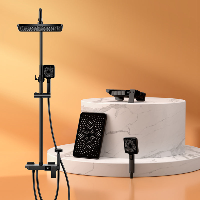 Contemporary Style Brass Shower Faucet Adjustable Spray Pattern Wall Mounted Shower Combo Black Temperature Control Clearhalo 'Bathroom Remodel & Bathroom Fixtures' 'Home Improvement' 'home_improvement' 'home_improvement_shower_faucets' 'Shower Faucets & Systems' 'shower_faucets' 'Showers & Bathtubs Plumbing' 'Showers & Bathtubs' 6787461