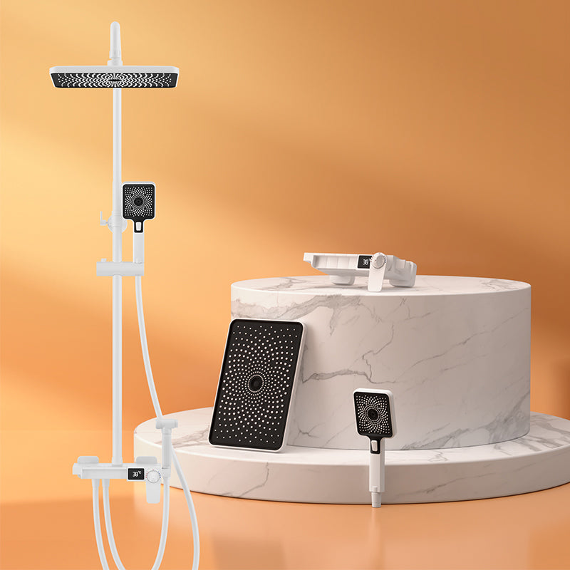 Contemporary Style Brass Shower Faucet Adjustable Spray Pattern Wall Mounted Shower Combo White Inner Thermostatic Clearhalo 'Bathroom Remodel & Bathroom Fixtures' 'Home Improvement' 'home_improvement' 'home_improvement_shower_faucets' 'Shower Faucets & Systems' 'shower_faucets' 'Showers & Bathtubs Plumbing' 'Showers & Bathtubs' 6787464