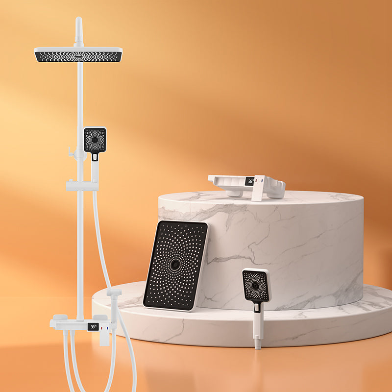 Contemporary Style Brass Shower Faucet Adjustable Spray Pattern Wall Mounted Shower Combo White Inner Temperature Control Clearhalo 'Bathroom Remodel & Bathroom Fixtures' 'Home Improvement' 'home_improvement' 'home_improvement_shower_faucets' 'Shower Faucets & Systems' 'shower_faucets' 'Showers & Bathtubs Plumbing' 'Showers & Bathtubs' 6787466