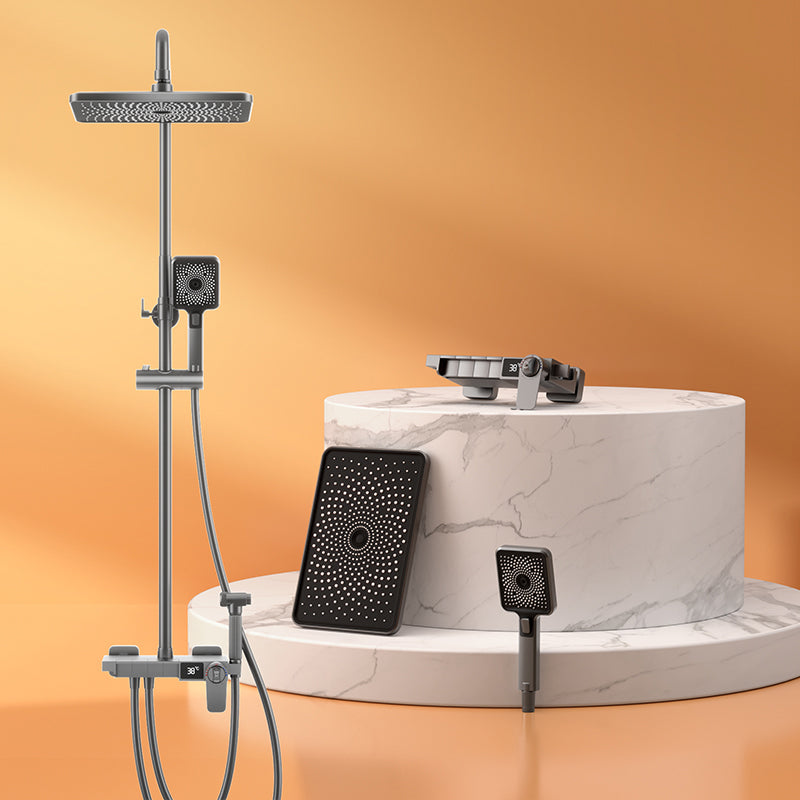 Contemporary Style Brass Shower Faucet Adjustable Spray Pattern Wall Mounted Shower Combo Grey Thermostatic Clearhalo 'Bathroom Remodel & Bathroom Fixtures' 'Home Improvement' 'home_improvement' 'home_improvement_shower_faucets' 'Shower Faucets & Systems' 'shower_faucets' 'Showers & Bathtubs Plumbing' 'Showers & Bathtubs' 6787467