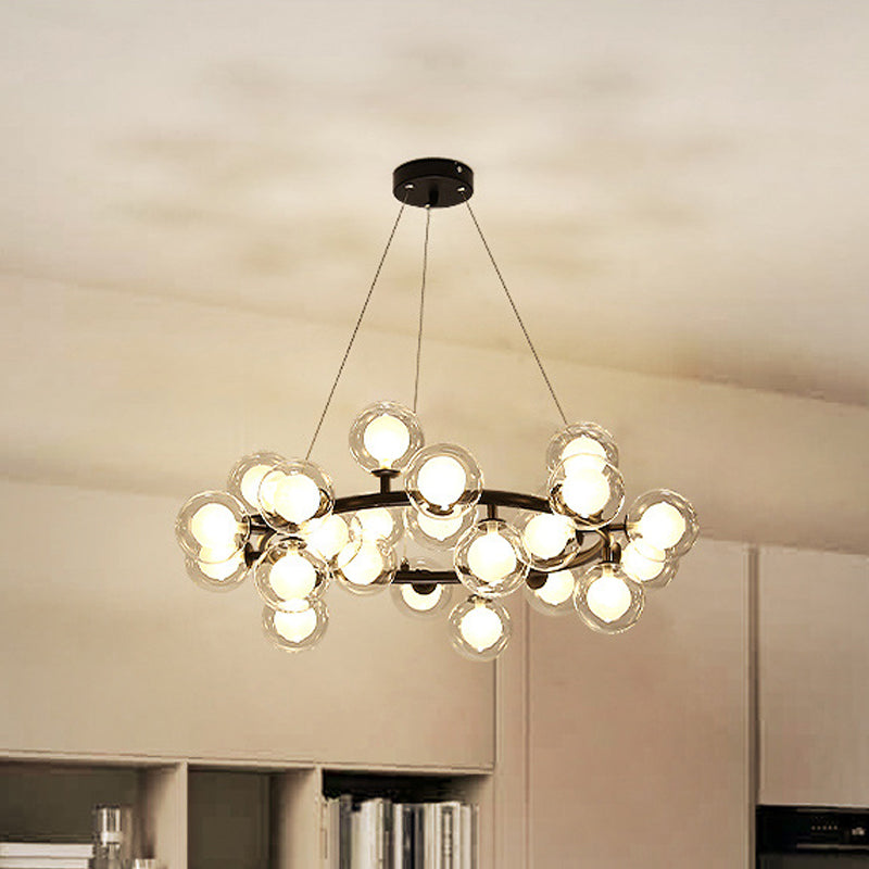 Global Shade Ceiling Light Fixture Modernist Glass 15/25 Bulbs Black/Gold Finish Chandelier Lamp with Metal Ring Clearhalo 'Ceiling Lights' 'Chandeliers' 'Glass shade' 'Glass' 'Modern Chandeliers' 'Modern' Lighting' 678877