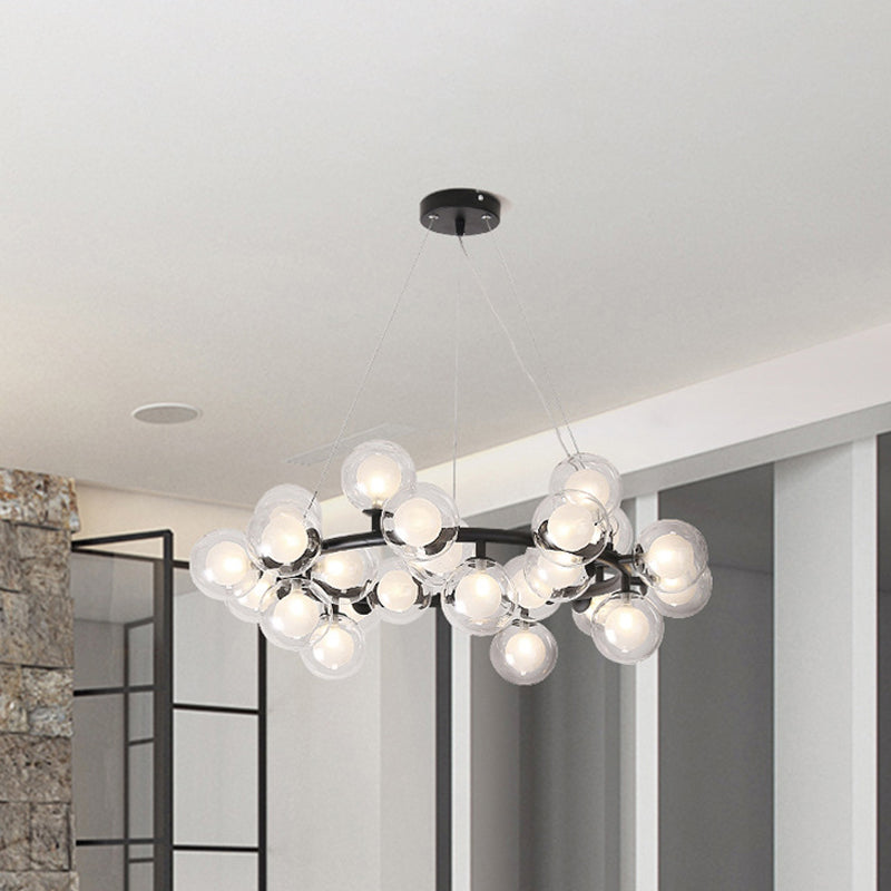 Global Shade Ceiling Light Fixture Modernist Glass 15/25 Bulbs Black/Gold Finish Chandelier Lamp with Metal Ring Clearhalo 'Ceiling Lights' 'Chandeliers' 'Glass shade' 'Glass' 'Modern Chandeliers' 'Modern' Lighting' 678878