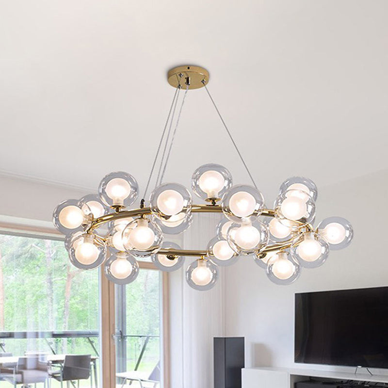 Global Shade Ceiling Light Fixture Modernist Glass 15/25 Bulbs Black/Gold Finish Chandelier Lamp with Metal Ring Clearhalo 'Ceiling Lights' 'Chandeliers' 'Glass shade' 'Glass' 'Modern Chandeliers' 'Modern' Lighting' 678879