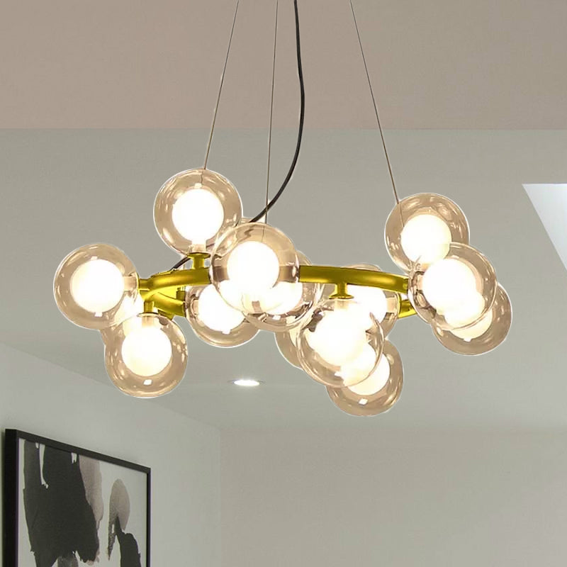 Global Shade Ceiling Light Fixture Modernist Glass 15/25 Bulbs Black/Gold Finish Chandelier Lamp with Metal Ring Clearhalo 'Ceiling Lights' 'Chandeliers' 'Glass shade' 'Glass' 'Modern Chandeliers' 'Modern' Lighting' 678881