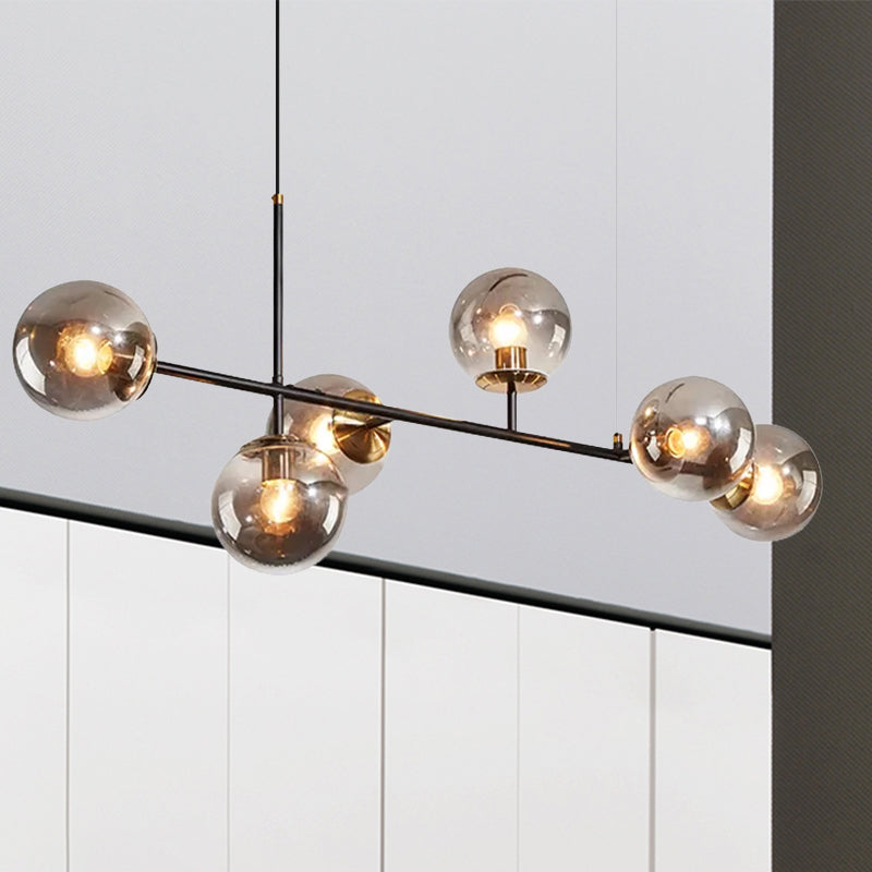 Industrial 6-Light Island Pendant with Amber/Milky White/Gradient Blue Glass Shade Brass Ball Ceiling Light with Adjustable Cord Clearhalo 'Ceiling Lights' 'Glass shade' 'Glass' 'Island Lights' 'Pendant Lights' Lighting' 678927