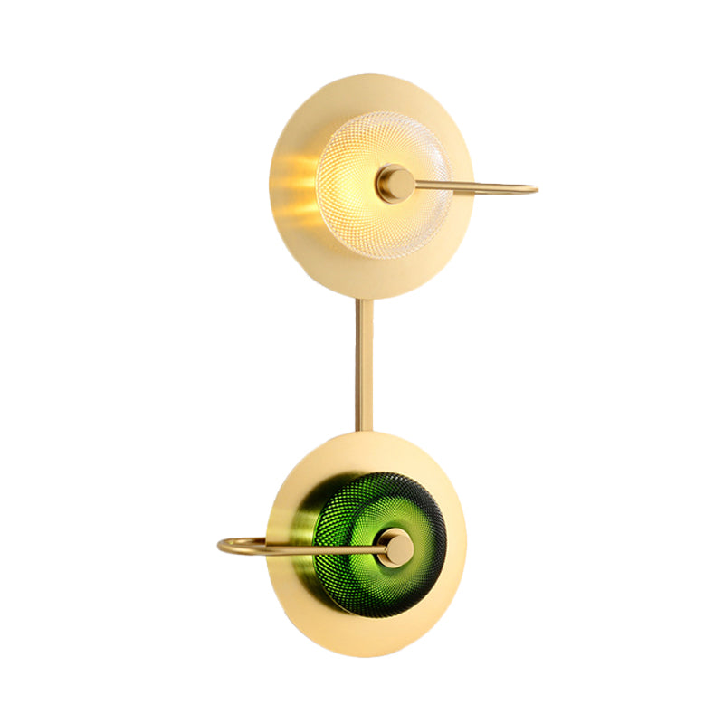 Doughnut Bedside Sconce Light Clear and Green Lattice Glass LED Modernist Wall Lamp in Brass with 2-Disk Detail Clearhalo 'Cast Iron' 'Glass' 'Industrial' 'Modern wall lights' 'Modern' 'Tiffany' 'Traditional wall lights' 'Wall Lamps & Sconces' 'Wall Lights' Lighting' 679001