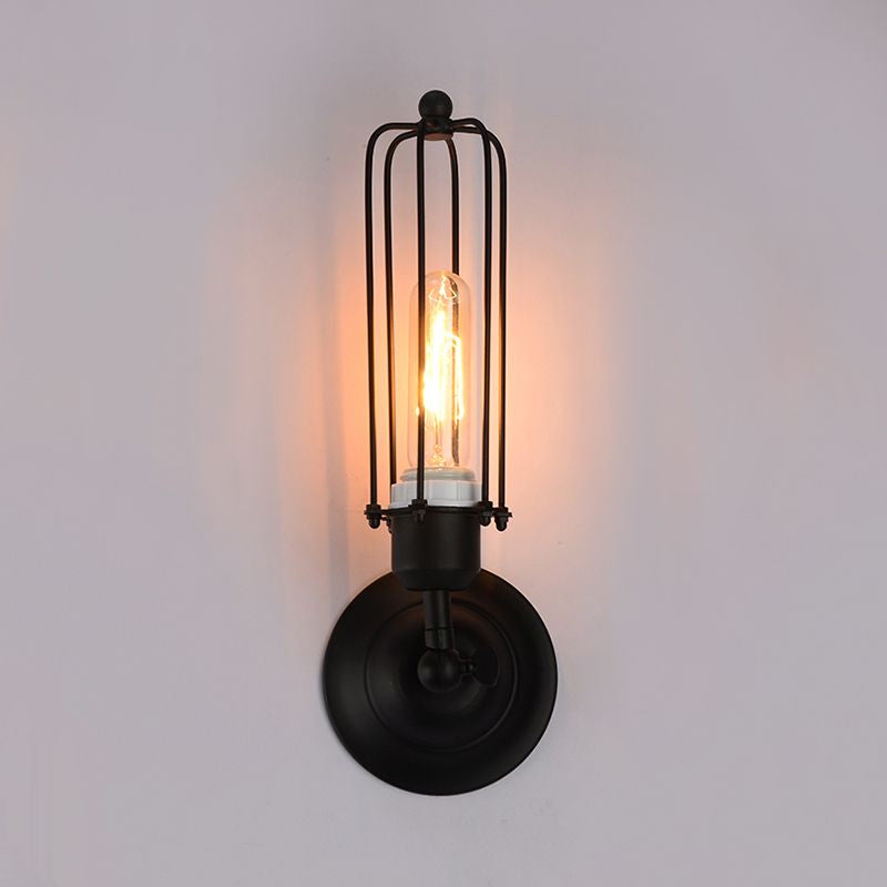 1/2-Bulb Linear Cage Sconce Lamp Industrial Black/Rust Metal Wall Light Fixture for Living Room Clearhalo 'Art deco wall lights' 'Cast Iron' 'Glass' 'Industrial wall lights' 'Industrial' 'Middle century wall lights' 'Modern' 'Rustic wall lights' 'Tiffany' 'Traditional wall lights' 'Wall Lamps & Sconces' 'Wall Lights' Lighting' 679017
