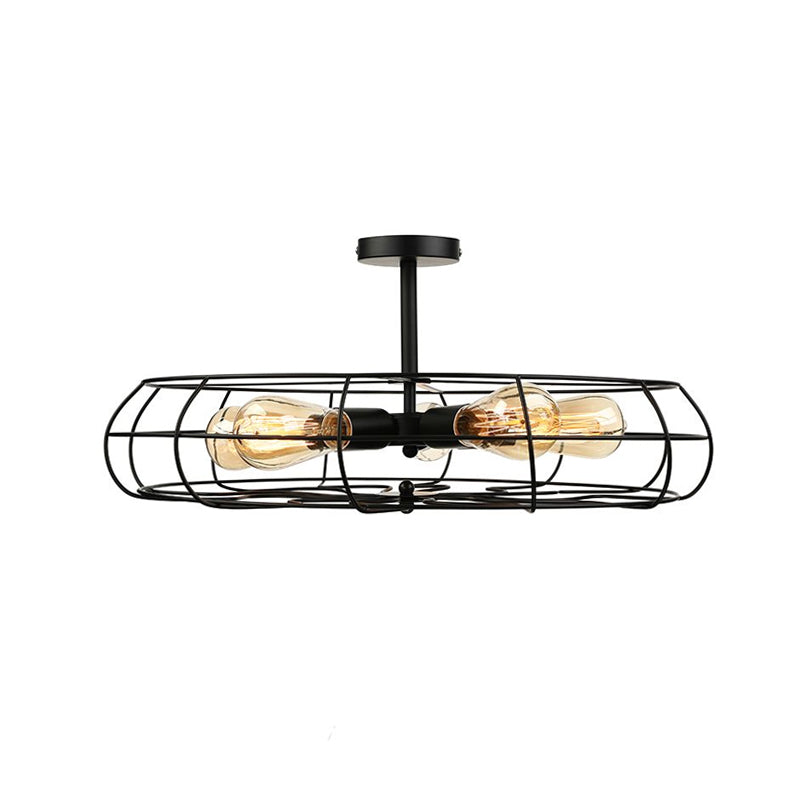 Fan Shaped Iron Ceiling Light with Wire Cage Shade Vintage 5 Lights Living Room Semi Flush Mount Light in Rust/Black Clearhalo 'Ceiling Lights' 'Close To Ceiling Lights' 'Close to ceiling' 'Semi-flushmount' Lighting' 679019