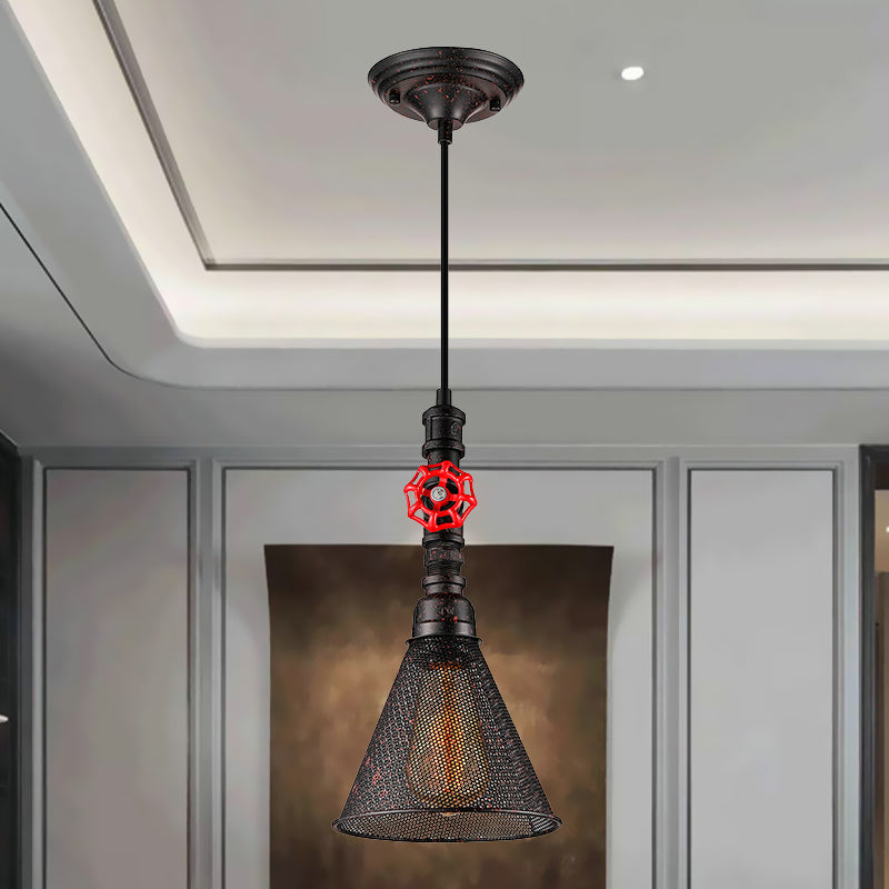 1 Bulb Mesh Scree Pendant Lighting with Cone Shade and Valve Vintage Style Rust Metallic Hanging Lamp Clearhalo 'Art Deco Pendants' 'Cast Iron' 'Ceiling Lights' 'Ceramic' 'Crystal' 'Industrial Pendants' 'Industrial' 'Metal' 'Middle Century Pendants' 'Pendant Lights' 'Pendants' 'Tiffany' Lighting' 679045