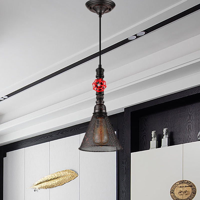 1 Bulb Mesh Scree Pendant Lighting with Cone Shade and Valve Vintage Style Rust Metallic Hanging Lamp Clearhalo 'Art Deco Pendants' 'Cast Iron' 'Ceiling Lights' 'Ceramic' 'Crystal' 'Industrial Pendants' 'Industrial' 'Metal' 'Middle Century Pendants' 'Pendant Lights' 'Pendants' 'Tiffany' Lighting' 679046