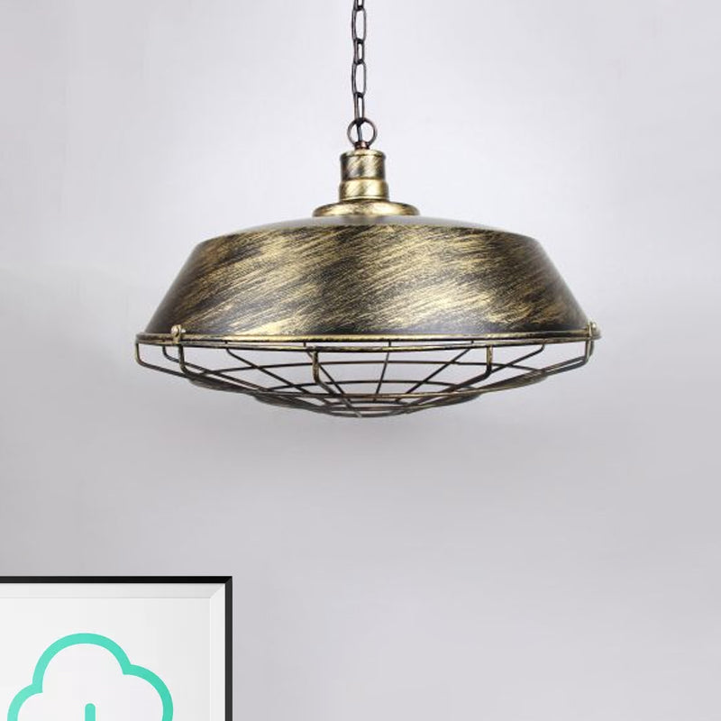 Rustic Stylish Wire Cage Pendant Light with Barn Shade 1 Light Iron Ceiling Light Fixture in Antique Brass/Rust, 10"/14"/18" Width Clearhalo 'Art Deco Pendants' 'Cast Iron' 'Ceiling Lights' 'Ceramic' 'Crystal' 'Industrial Pendants' 'Industrial' 'Metal' 'Middle Century Pendants' 'Pendant Lights' 'Pendants' 'Tiffany' Lighting' 679064