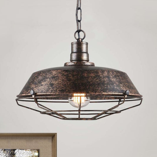 Rustic Stylish Wire Cage Pendant Light with Barn Shade 1 Light Iron Ceiling Light Fixture in Antique Brass/Rust, 10"/14"/18" Width Clearhalo 'Art Deco Pendants' 'Cast Iron' 'Ceiling Lights' 'Ceramic' 'Crystal' 'Industrial Pendants' 'Industrial' 'Metal' 'Middle Century Pendants' 'Pendant Lights' 'Pendants' 'Tiffany' Lighting' 679065