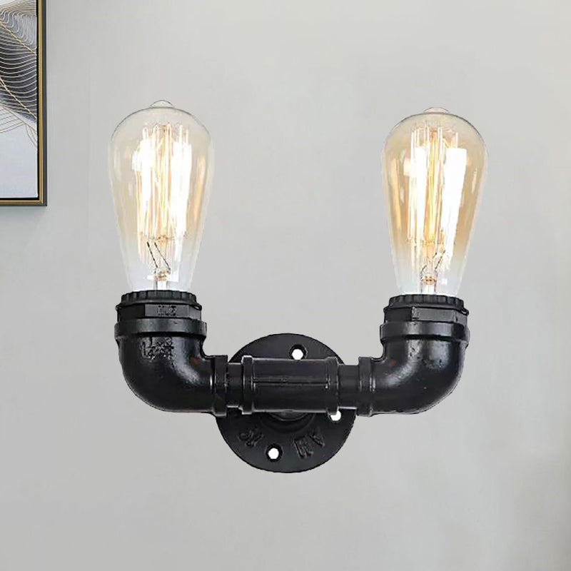 2 Heads Metal Wall Mount Light Industrial Black/Antique Brass Water Pipe Living Room Sconce Wall Light Clearhalo 'Art deco wall lights' 'Cast Iron' 'Glass' 'Industrial wall lights' 'Industrial' 'Middle century wall lights' 'Modern' 'Rustic wall lights' 'Tiffany' 'Traditional wall lights' 'Wall Lamps & Sconces' 'Wall Lights' Lighting' 679078