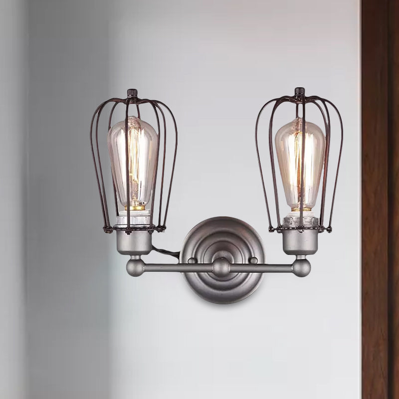 Industrial Style Caged Wall Sconce Lighting with Bulb Shade 2 Lights Metal Mini Wall Light in Copper/Aged Silver Clearhalo 'Art deco wall lights' 'Cast Iron' 'Glass' 'Industrial wall lights' 'Industrial' 'Middle century wall lights' 'Modern' 'Rustic wall lights' 'Tiffany' 'Traditional wall lights' 'Wall Lamps & Sconces' 'Wall Lights' Lighting' 679082