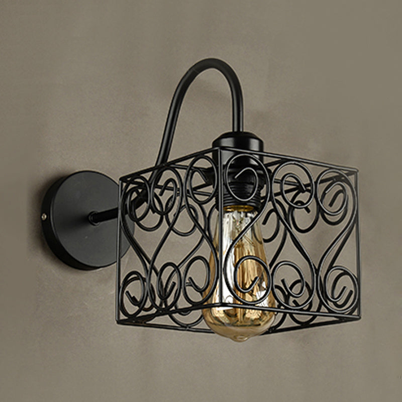 Metal Square/Diamond Cage Wall Lighting Vintage Industrial 1 Head Restaurant Wall Sconce Lighting in Black Clearhalo 'Art deco wall lights' 'Cast Iron' 'Glass' 'Industrial wall lights' 'Industrial' 'Middle century wall lights' 'Modern' 'Rustic wall lights' 'Tiffany' 'Traditional wall lights' 'Wall Lamps & Sconces' 'Wall Lights' Lighting' 679090