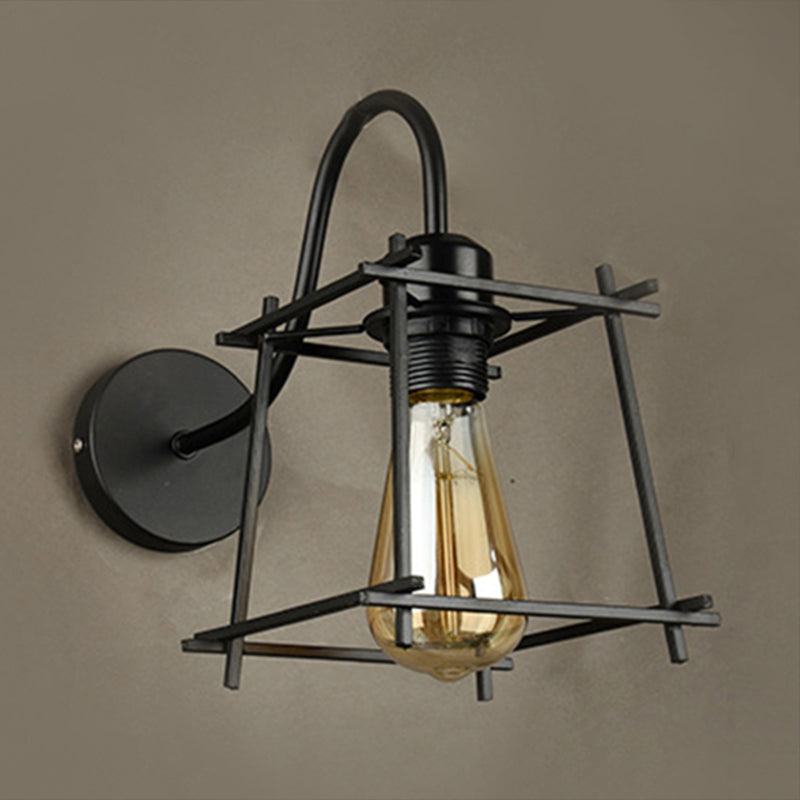 Metal Square/Diamond Cage Wall Lighting Vintage Industrial 1 Head Restaurant Wall Sconce Lighting in Black Clearhalo 'Art deco wall lights' 'Cast Iron' 'Glass' 'Industrial wall lights' 'Industrial' 'Middle century wall lights' 'Modern' 'Rustic wall lights' 'Tiffany' 'Traditional wall lights' 'Wall Lamps & Sconces' 'Wall Lights' Lighting' 679092