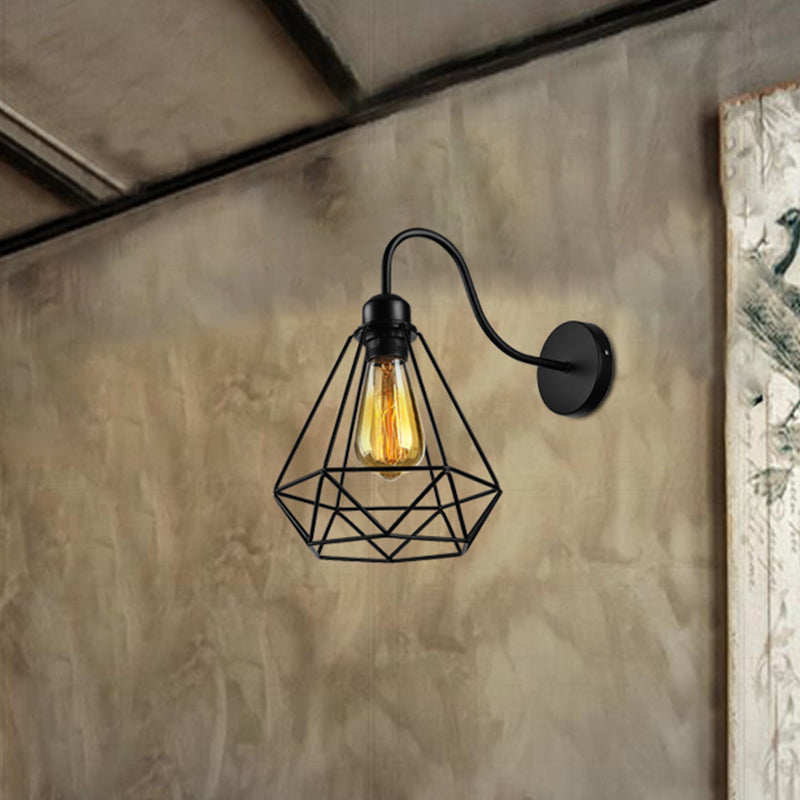 Metal Square/Diamond Cage Wall Lighting Vintage Industrial 1 Head Restaurant Wall Sconce Lighting in Black Clearhalo 'Art deco wall lights' 'Cast Iron' 'Glass' 'Industrial wall lights' 'Industrial' 'Middle century wall lights' 'Modern' 'Rustic wall lights' 'Tiffany' 'Traditional wall lights' 'Wall Lamps & Sconces' 'Wall Lights' Lighting' 679093