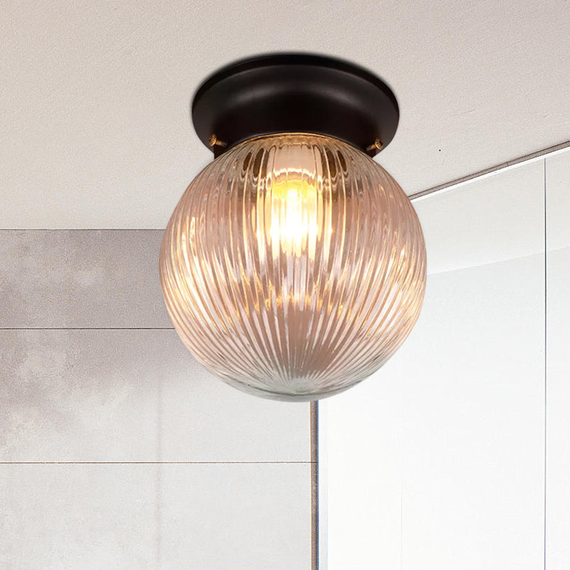 One Light Globe Flush Mount Black/Clear Industrial Ribbed/Opal/Prismatic Glass Lighting Fixture, 6"/6.5" Wide Clearhalo 'Ceiling Lights' 'Close To Ceiling Lights' 'Close to ceiling' 'Flush mount' 'Industrial Flush Mount' Lighting' 679101