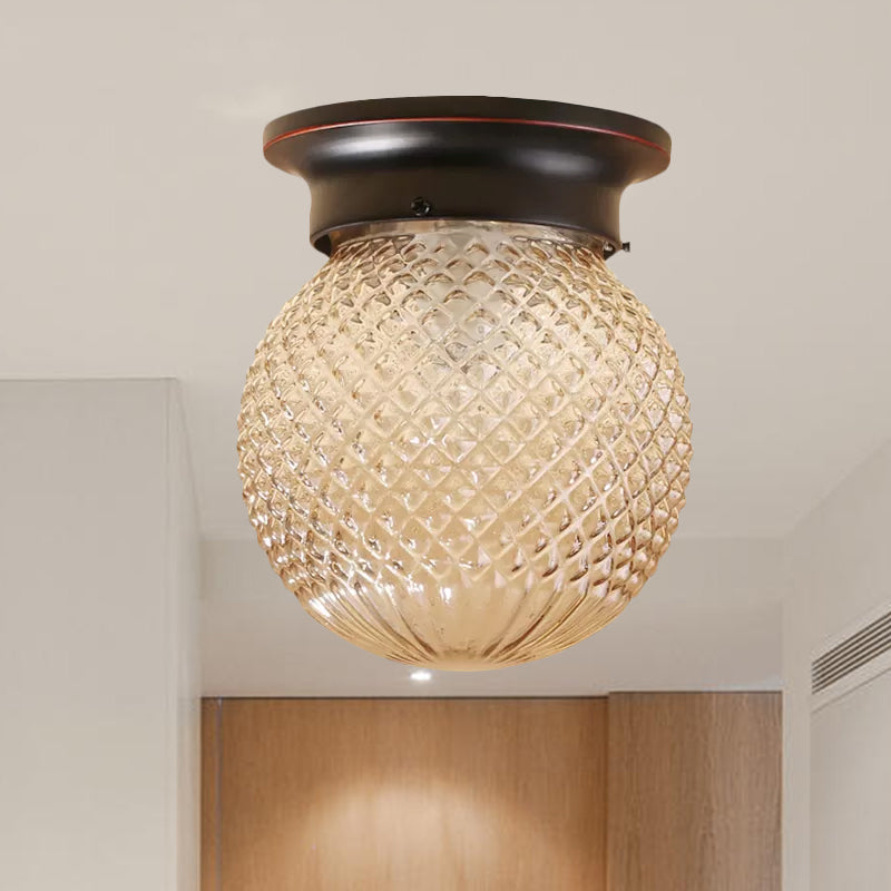 One Light Globe Flush Mount Black/Clear Industrial Ribbed/Opal/Prismatic Glass Lighting Fixture, 6"/6.5" Wide Clearhalo 'Ceiling Lights' 'Close To Ceiling Lights' 'Close to ceiling' 'Flush mount' 'Industrial Flush Mount' Lighting' 679102
