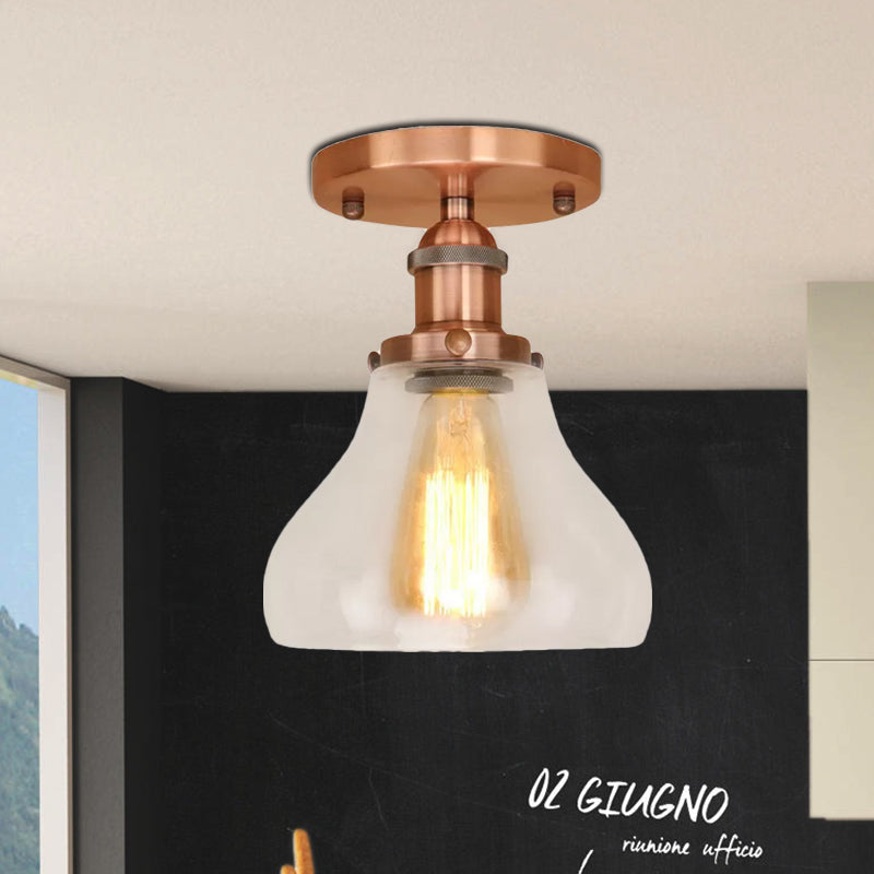 Single Bulb Semi Flush Mount Farmhouse Cone Clear Glass Ceiling Lighting Fixture in Black/Brass/Copper Clearhalo 'Ceiling Lights' 'Close To Ceiling Lights' 'Close to ceiling' 'Glass shade' 'Glass' 'Semi-flushmount' Lighting' 679104