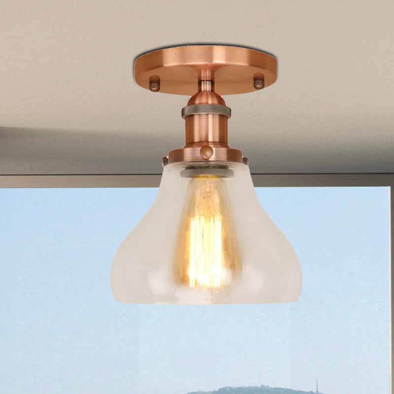 Single Bulb Semi Flush Mount Farmhouse Cone Clear Glass Ceiling Lighting Fixture in Black/Brass/Copper Clearhalo 'Ceiling Lights' 'Close To Ceiling Lights' 'Close to ceiling' 'Glass shade' 'Glass' 'Semi-flushmount' Lighting' 679105