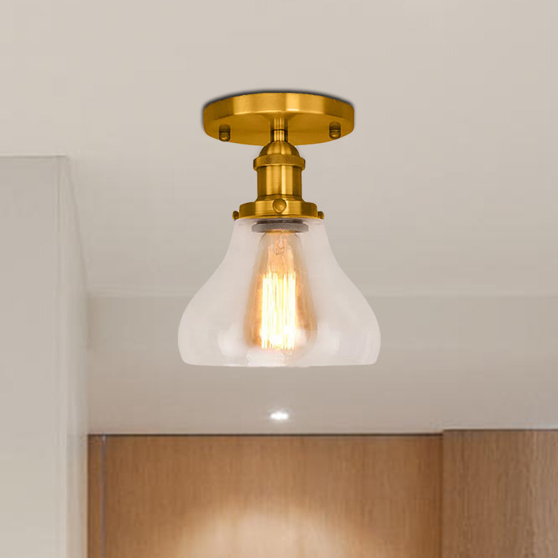 Single Bulb Semi Flush Mount Farmhouse Cone Clear Glass Ceiling Lighting Fixture in Black/Brass/Copper Clearhalo 'Ceiling Lights' 'Close To Ceiling Lights' 'Close to ceiling' 'Glass shade' 'Glass' 'Semi-flushmount' Lighting' 679107