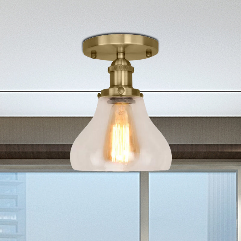 Single Bulb Semi Flush Mount Farmhouse Cone Clear Glass Ceiling Lighting Fixture in Black/Brass/Copper Clearhalo 'Ceiling Lights' 'Close To Ceiling Lights' 'Close to ceiling' 'Glass shade' 'Glass' 'Semi-flushmount' Lighting' 679108