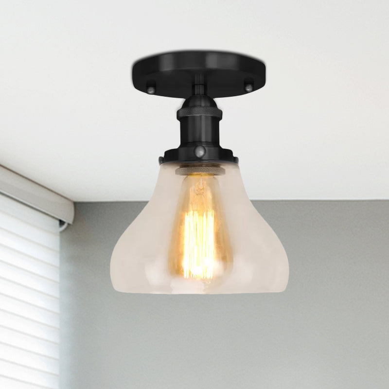 Single Bulb Semi Flush Mount Farmhouse Cone Clear Glass Ceiling Lighting Fixture in Black/Brass/Copper Clearhalo 'Ceiling Lights' 'Close To Ceiling Lights' 'Close to ceiling' 'Glass shade' 'Glass' 'Semi-flushmount' Lighting' 679110