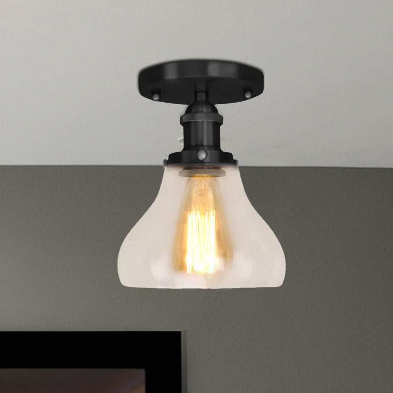 Single Bulb Semi Flush Mount Farmhouse Cone Clear Glass Ceiling Lighting Fixture in Black/Brass/Copper Clearhalo 'Ceiling Lights' 'Close To Ceiling Lights' 'Close to ceiling' 'Glass shade' 'Glass' 'Semi-flushmount' Lighting' 679111