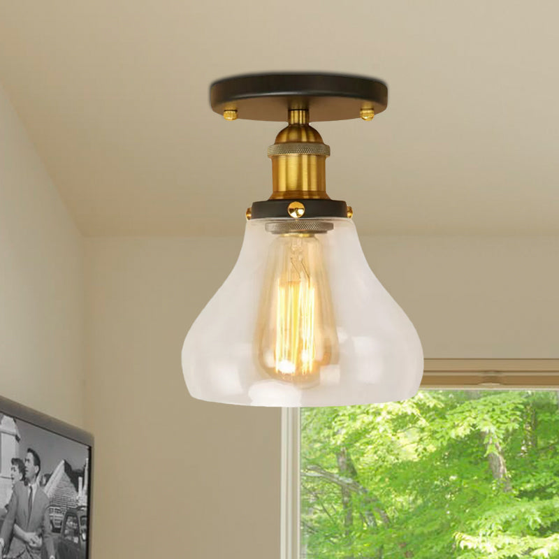 Single Bulb Semi Flush Mount Farmhouse Cone Clear Glass Ceiling Lighting Fixture in Black/Brass/Copper Clearhalo 'Ceiling Lights' 'Close To Ceiling Lights' 'Close to ceiling' 'Glass shade' 'Glass' 'Semi-flushmount' Lighting' 679112