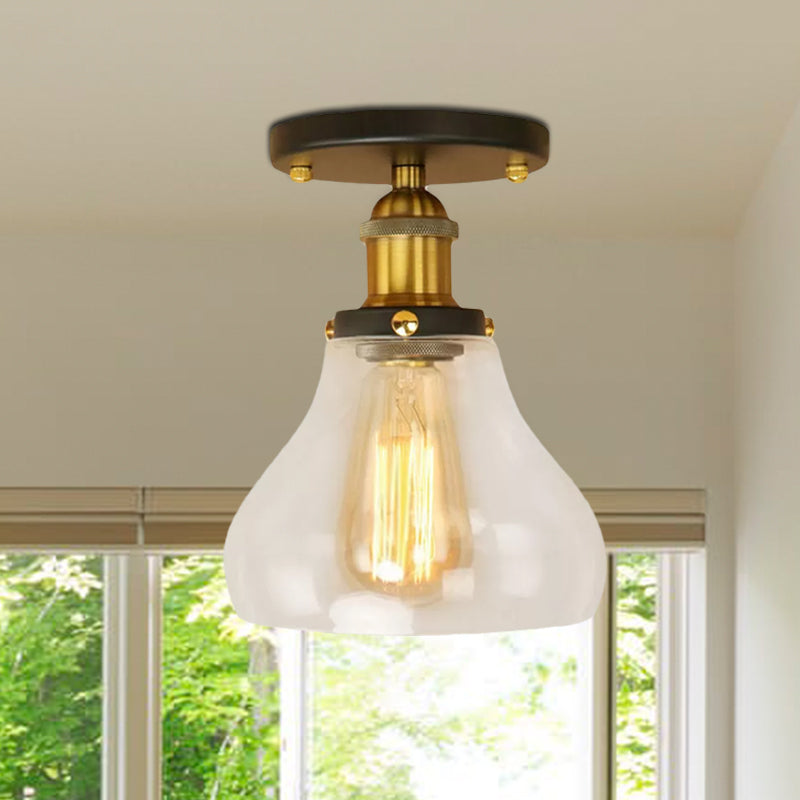 Single Bulb Semi Flush Mount Farmhouse Cone Clear Glass Ceiling Lighting Fixture in Black/Brass/Copper Clearhalo 'Ceiling Lights' 'Close To Ceiling Lights' 'Close to ceiling' 'Glass shade' 'Glass' 'Semi-flushmount' Lighting' 679113