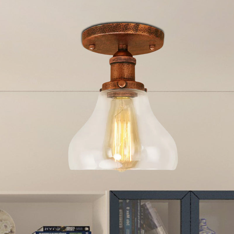 Single Bulb Semi Flush Mount Farmhouse Cone Clear Glass Ceiling Lighting Fixture in Black/Brass/Copper Clearhalo 'Ceiling Lights' 'Close To Ceiling Lights' 'Close to ceiling' 'Glass shade' 'Glass' 'Semi-flushmount' Lighting' 679114