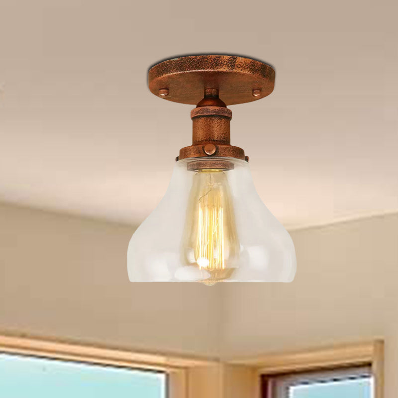 Single Bulb Semi Flush Mount Farmhouse Cone Clear Glass Ceiling Lighting Fixture in Black/Brass/Copper Clearhalo 'Ceiling Lights' 'Close To Ceiling Lights' 'Close to ceiling' 'Glass shade' 'Glass' 'Semi-flushmount' Lighting' 679115