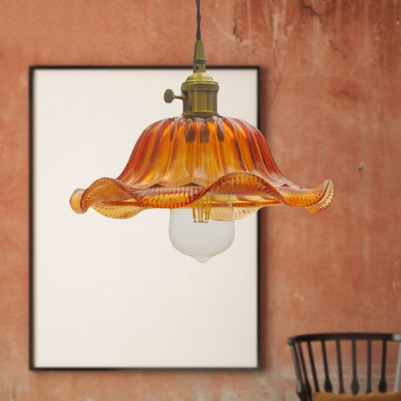 8"/10"/12" Wide Scalloped Pendant Lighting Vintage 1 Light Ribbed Glass Hanging Lamp in Yellow for Living Room Clearhalo 'Ceiling Lights' 'Glass shade' 'Glass' 'Industrial Pendants' 'Industrial' 'Middle Century Pendants' 'Pendant Lights' 'Pendants' 'Tiffany' Lighting' 679142