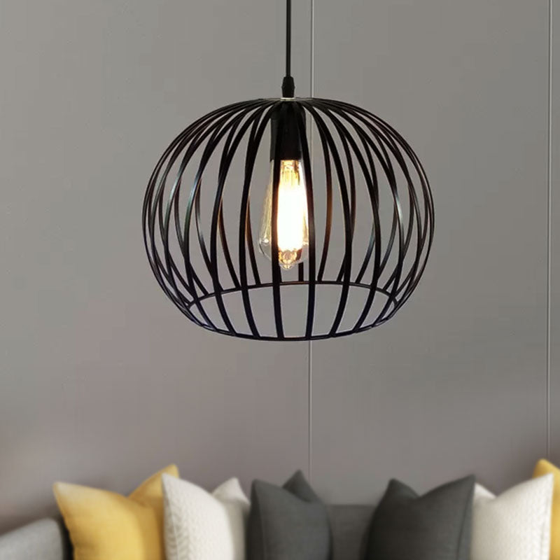 12"/14" Wide Globe Cage Metal Ceiling Light Industrial 1 Bulb Living Room Pendant Lighting in Satin Black Clearhalo 'Art Deco Pendants' 'Black' 'Cast Iron' 'Ceiling Lights' 'Ceramic' 'Crystal' 'Industrial Pendants' 'Industrial' 'Metal' 'Middle Century Pendants' 'Pendant Lights' 'Pendants' 'Rustic Pendants' 'Tiffany' Lighting' 679143
