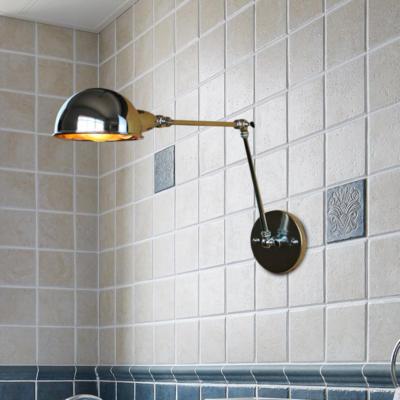 Retro Dome Wall Sconce 1 Bulb Metal Wall Lighting with Swing Arm in Brass/Chrome for Bathroom Clearhalo 'Art deco wall lights' 'Cast Iron' 'Glass' 'Industrial wall lights' 'Industrial' 'Middle century wall lights' 'Modern' 'Rustic wall lights' 'Tiffany' 'Traditional wall lights' 'Wall Lamps & Sconces' 'Wall Lights' Lighting' 679158