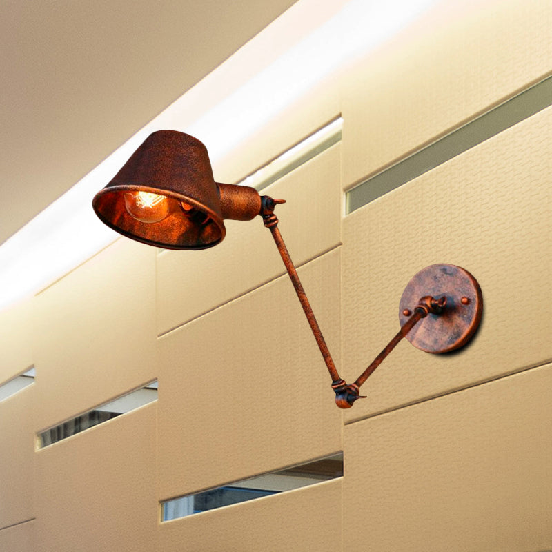 1 Bulb Wall Lighting Vintage Industrial Tapered Shade Metal Wall Sconce Lamp in Black/Rust for Study Room Clearhalo 'Art deco wall lights' 'Cast Iron' 'Glass' 'Industrial wall lights' 'Industrial' 'Middle century wall lights' 'Modern' 'Rustic wall lights' 'Tiffany' 'Traditional wall lights' 'Wall Lamps & Sconces' 'Wall Lights' Lighting' 679160