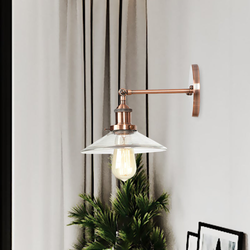 Conical Bedroom Wall Light Fixture Vintage Clear Glass 1 Light Copper Sconce Lamp Clearhalo 'Cast Iron' 'Glass' 'Industrial wall lights' 'Industrial' 'Middle century wall lights' 'Modern' 'Tiffany' 'Traditional wall lights' 'Wall Lamps & Sconces' 'Wall Lights' Lighting' 679168